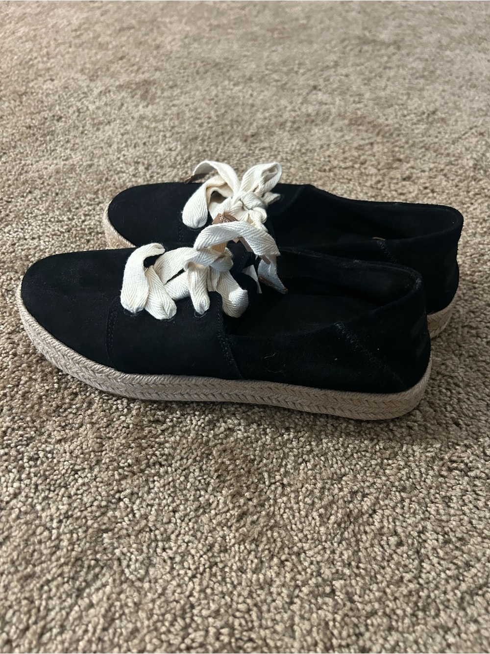 Tom’s Black Suede Platform Espadrille Sneakers with Cream Laces